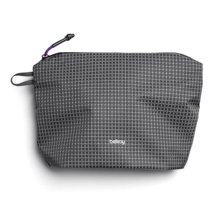 Bellroy Lite Pouch Duo in gray recycled nylon fabric with grid texture and zipper closure