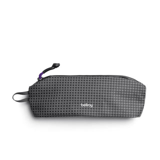 Bellroy Lite Pouch Duo black grid-patterned nylon pouch with zipper and pull tab detail front view
