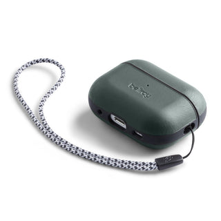 Bellroy Pod Jacket Pro 2nd Generation AirPods case in dark green leather with braided wrist strap attached