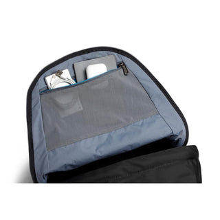 Bellroy Classic Backpack Second Edition interior showing organized blue-lined mesh pocket with tech accessories