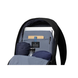 Bellroy Classic Backpack Second Edition in black showing organized interior with laptop and accessories compartments
