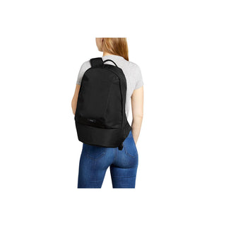 Bellroy Classic Backpack Second Edition worn by person, showing sleek black recycled fabric design