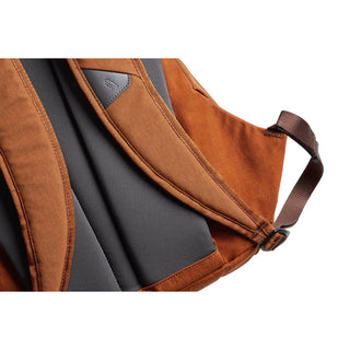 Bellroy Classic Backpack Second Edition showing padded back panel and adjustable brown strap close-up