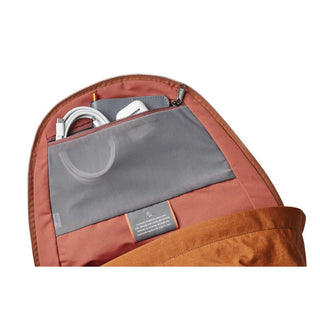 Bellroy Classic Backpack Second Edition interior showing organized gray fabric pocket with tech accessories