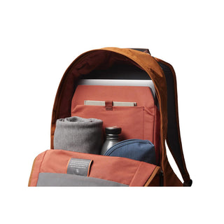 Bellroy Classic Backpack Second Edition open showing organized interior with multiple compartments and accessories