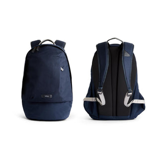 Bellroy Classic Backpack Second Edition in navy blue showing front and padded back straps with recycled fabric details