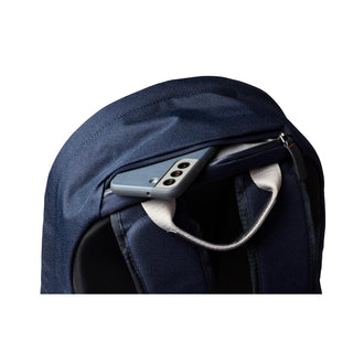 Bellroy Classic Backpack Second Edition navy blue fabric with phone in hidden top zipper pocket