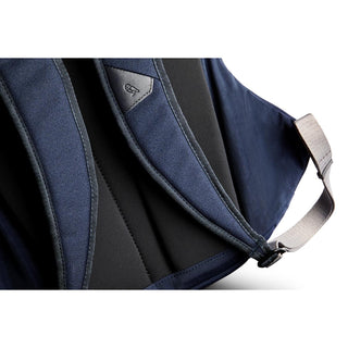 Bellroy Classic Backpack Second Edition navy blue strap detail with padded recycled fabric and gray buckle