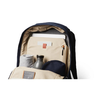 Bellroy Classic Backpack Second Edition open showing organized beige interior with tech and accessories compartments