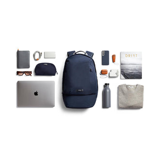 Bellroy Classic Backpack Second Edition in navy blue with sleek recycled fabric and minimalist design