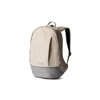 Bellroy Classic Backpack Second Edition with beige recycled fabric and gray base shown from side angle