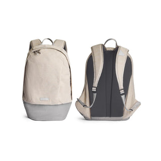 Bellroy Classic Backpack Second Edition in beige with padded black back panel and comfortable straps