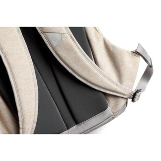 Bellroy Classic Backpack Second Edition with beige recycled fabric and padded black back panel close-up view