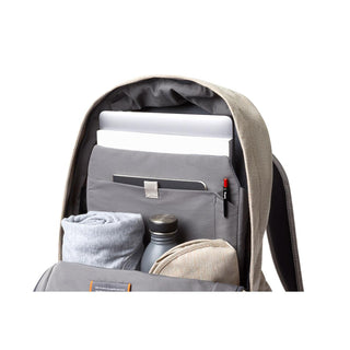 Bellroy Classic Backpack Second Edition open showing light grey interior with laptop and travel essentials