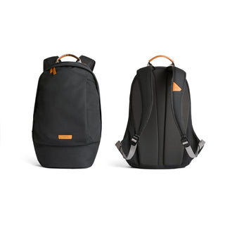Bellroy Classic Backpack Second Edition in black showing front and padded back with leather details