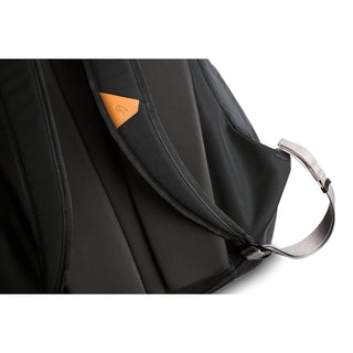 Bellroy Classic Backpack Second Edition close-up of black strap and padded back panel with leather detail