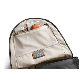 Bellroy Classic Backpack Second Edition interior view with organized tan leather and fabric pockets