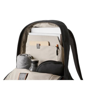 Bellroy Classic Backpack Second Edition open showing organized interior with gray and beige compartments