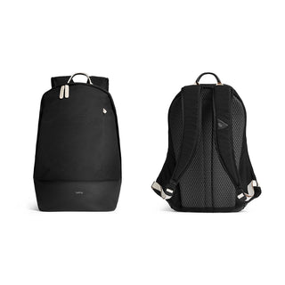 Bellroy Classic Backpack Premium black fabric front and padded mesh back view with beige accents