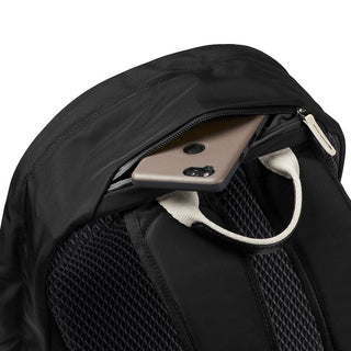 Bellroy Classic Backpack Premium in black with top zip pocket holding a smartphone and padded back straps