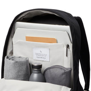 Bellroy Classic Backpack Premium open front showing organized laptop sleeve and accessories inside