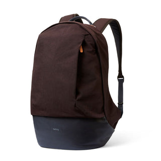 Bellroy Classic Backpack Premium in dark brown with textured fabric and black base shown at slight angle