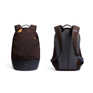 Bellroy Classic Backpack Premium in dark color showing front and back with padded straps and textured base