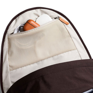 Bellroy Classic Backpack Premium interior pocket showing organized tech accessories in recycled fabric lining
