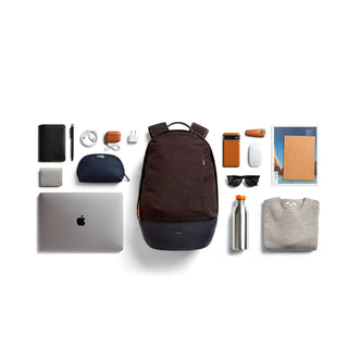 Bellroy Classic Backpack Premium in dark brown with curved base and smooth recycled fabric texture