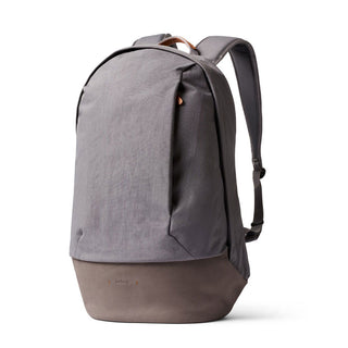 Bellroy Classic Backpack Premium in gray recycled fabric with sleek, curved silhouette and adjustable straps
