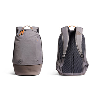 Bellroy Classic Backpack Premium in gray with leather base shown from front and back angles