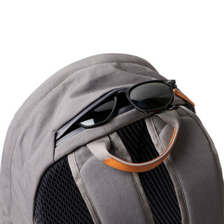 Bellroy Classic Backpack Premium in gray with leather-trimmed handle and sunglasses in zip pocket