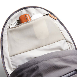 Bellroy Classic Backpack Premium showing organized internal mesh pocket with tech accessories stored inside