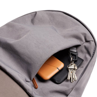 Bellroy Classic Backpack Premium front pocket with keys and leather wallet inside visible