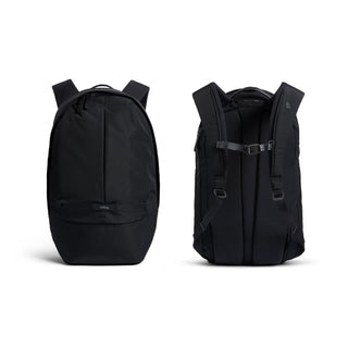 Bellroy Classic Backpack Plus Second Edition in black showing front and padded back straps with chest buckle
