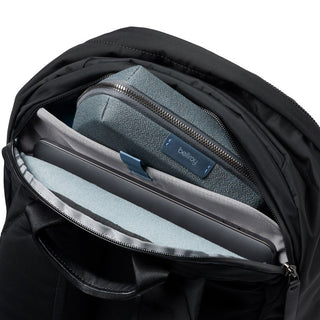 Bellroy Classic Backpack Plus Second Edition black bag with padded laptop compartment and textured pouch inside