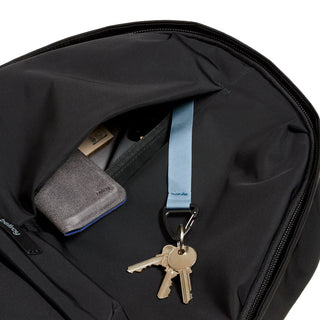 Bellroy Classic Backpack Plus Second Edition showing interior key clip and organized storage pockets in black fabric