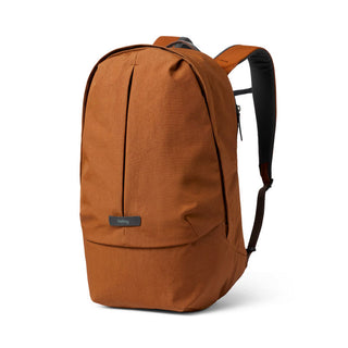 Bellroy Classic Backpack Plus Second Edition in rust color with recycled fabric and padded straps viewed front angle