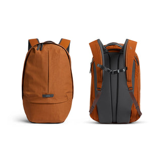 Bellroy Classic Backpack Plus Second Edition in rust fabric front and padded back straps view