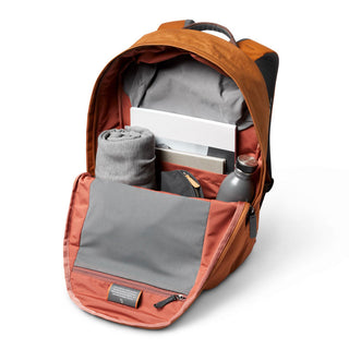 Bellroy Classic Backpack Plus Second Edition in orange with organized interior and visible water bottle pocket