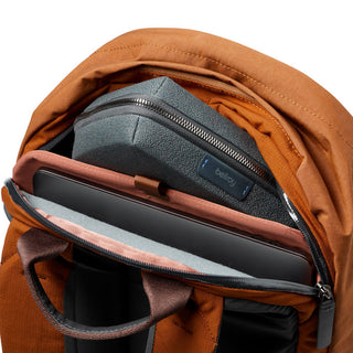 Bellroy Classic Backpack Plus Second Edition shows organized interior compartments with padded laptop sleeve and zippered pouch