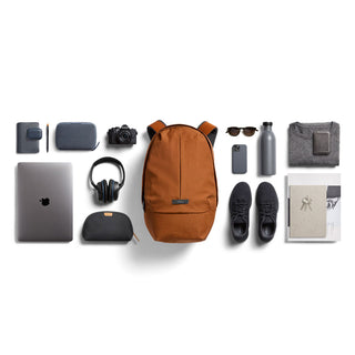 Bellroy Classic Backpack Plus Second Edition in rust orange with durable recycled fabric and multiple daily essentials