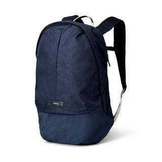 Bellroy Classic Backpack Plus Second Edition in navy blue with durable recycled fabric and streamlined design