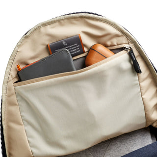 Bellroy Classic Backpack Plus Second Edition interior pocket with organized personal items and smooth beige lining