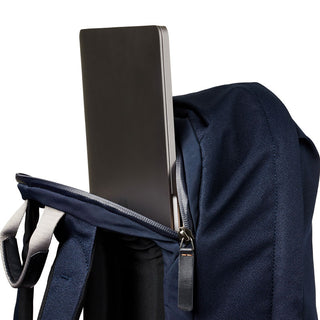 Bellroy Classic Backpack Plus Second Edition navy fabric with padded laptop compartment open angle view