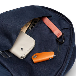 Bellroy Classic Backpack Plus Second Edition navy fabric pocket with leather key holder and wallet inside