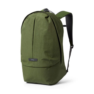 Bellroy Classic Backpack Plus Second Edition in olive green fabric with padded straps and minimalist design