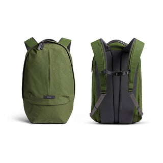 Bellroy Classic Backpack Plus Second Edition in olive green with padded back and adjustable straps visible from front and back