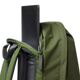 Bellroy Classic Backpack Plus Second Edition in green fabric with padded straps and laptop sleeve open