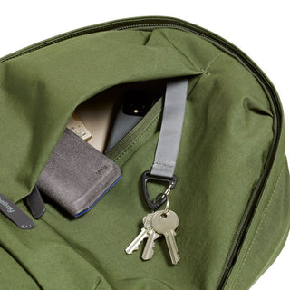 Bellroy Classic Backpack Plus Second Edition in olive green with key clip and inner pockets visible